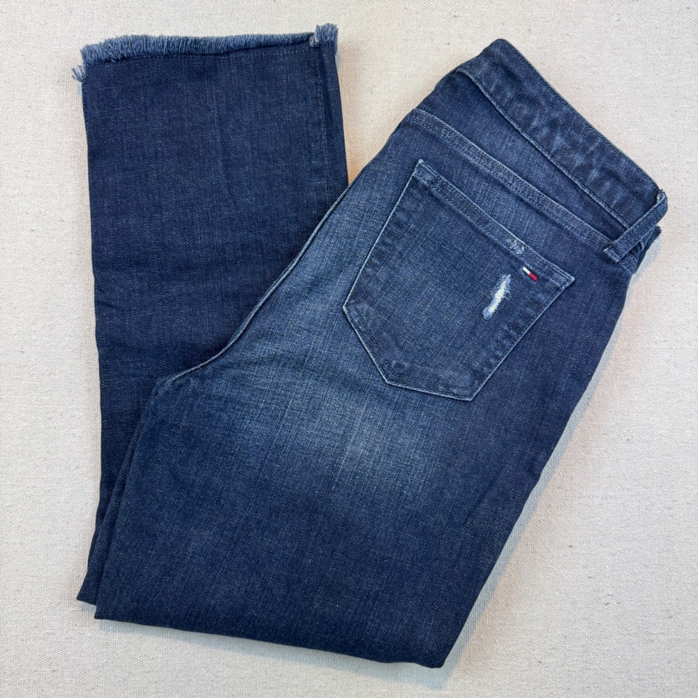 Tommy Hilfiger 10 Crop Flare Jeans Womens Dark Wash Distressed Frayed Hem